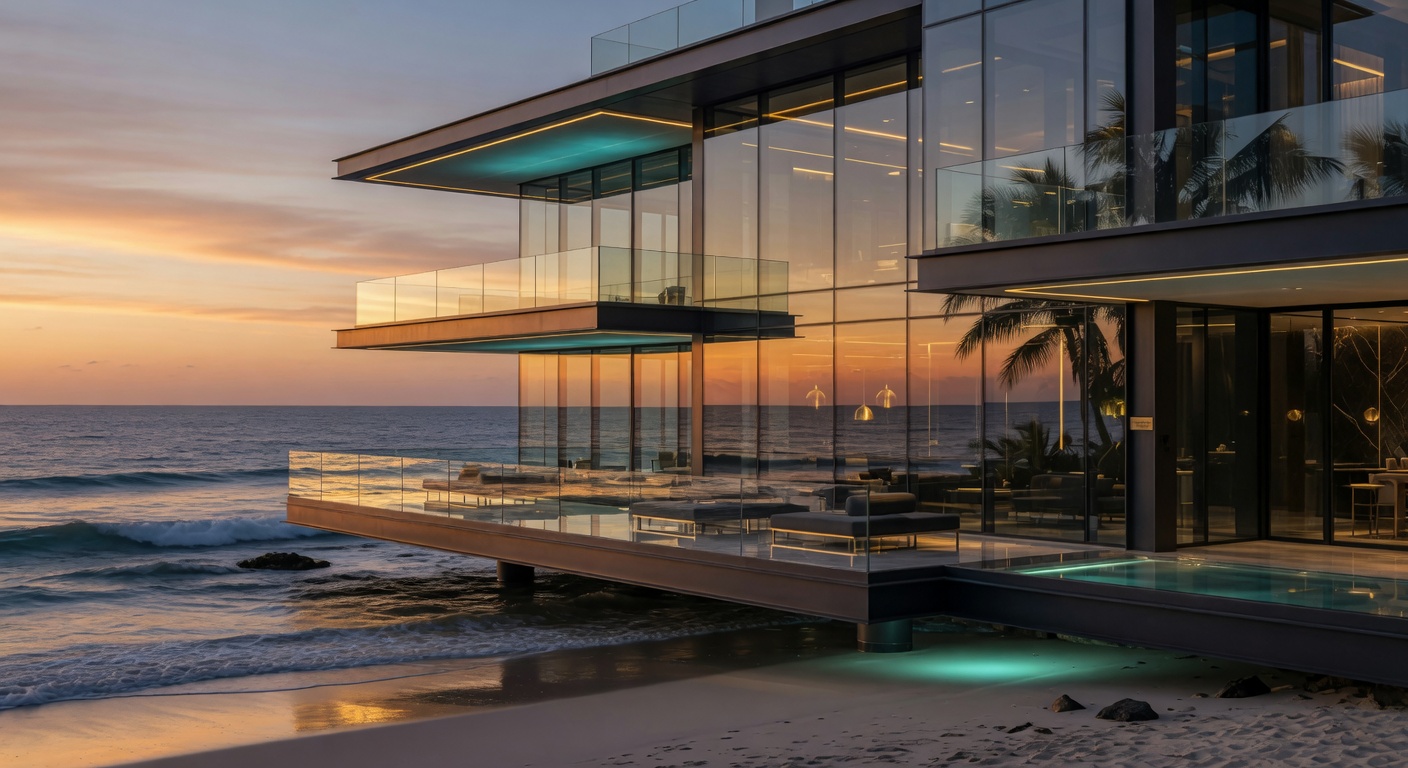 Ultra-modern glass and steel waterfront estate at sunset